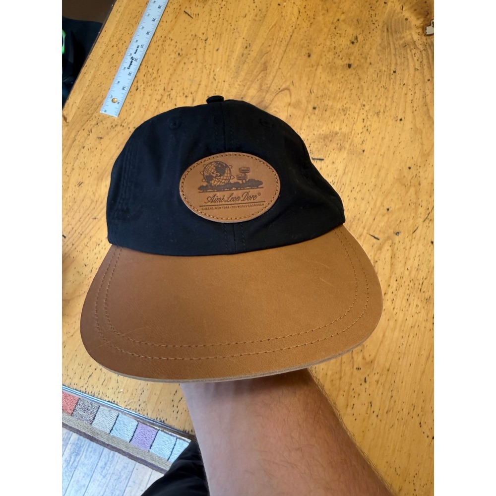 Aime Leon Dore Queens Worlds Borough OS Black Tan Leather Brim Strapback Hat